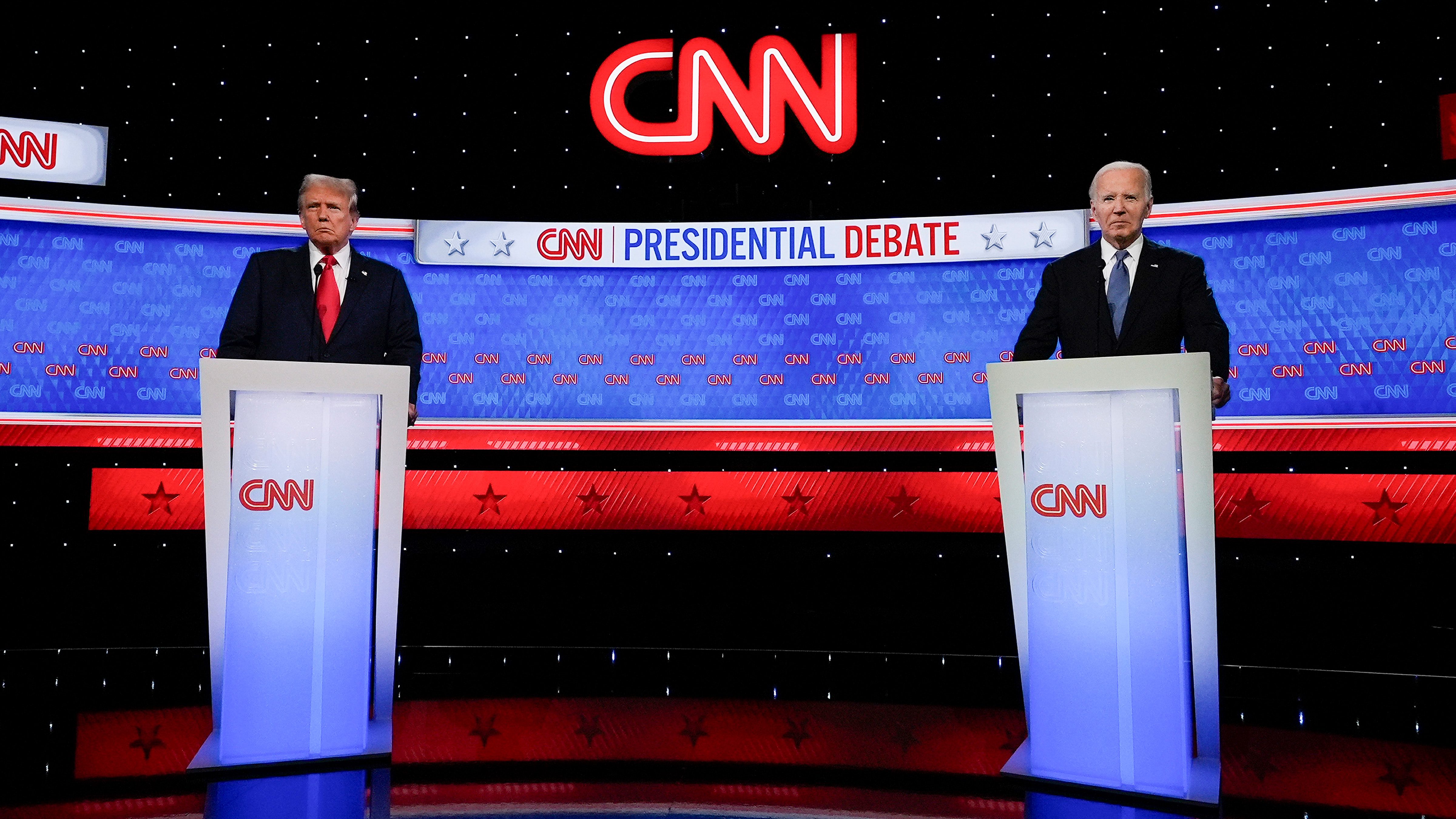 President Joe Biden and Republican presidential candidate former President Donald Trump stand during a presidential debate hosted by CNN, Thursday, June 27, 2024, in Atlanta.