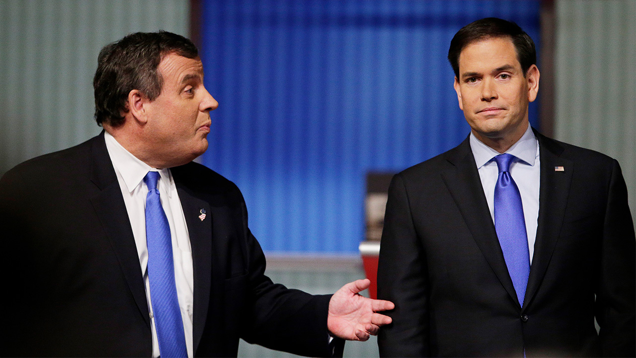 Gov. Chris Christie, speaks with Sen. Marco Rubio, during the Republican presidential debate on Jan. 14, 2016, in North Charleston, S.C.